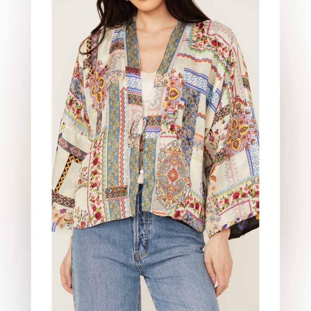 JOHNNY WAS Stano Makenna Reversible Silk Kimono Cardigan Black Floral Patchwork - Picture 14 of 15
